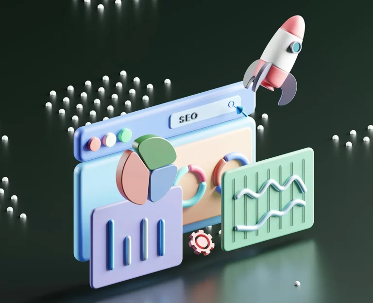 Illustration d'une fenêtre « SEO » avec graphiques et fusée