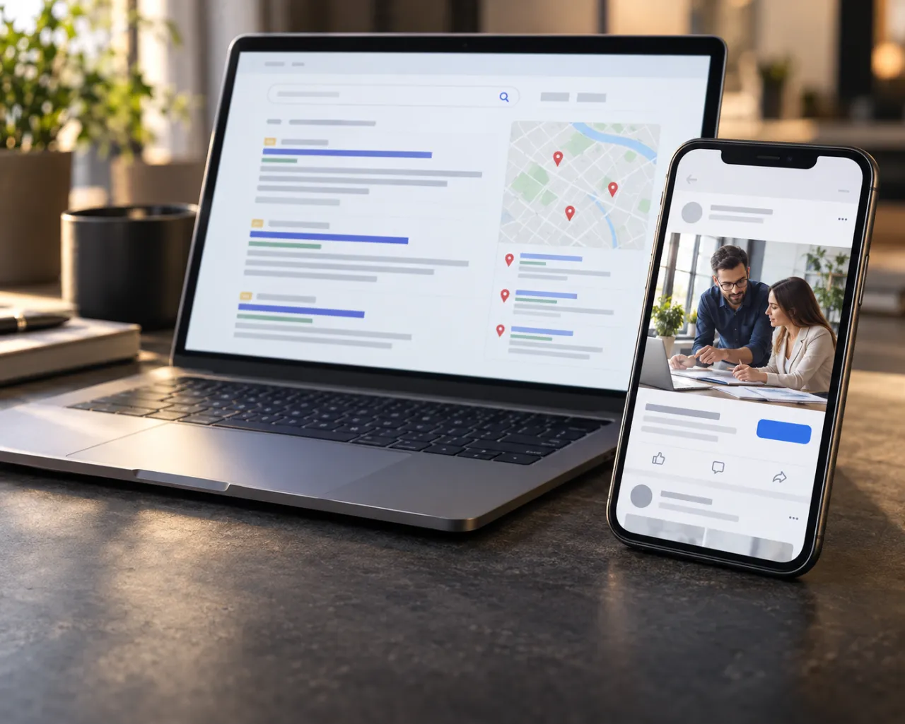 Résultats de recherche sur ordinateur et publicité d’entreprise sur smartphone.