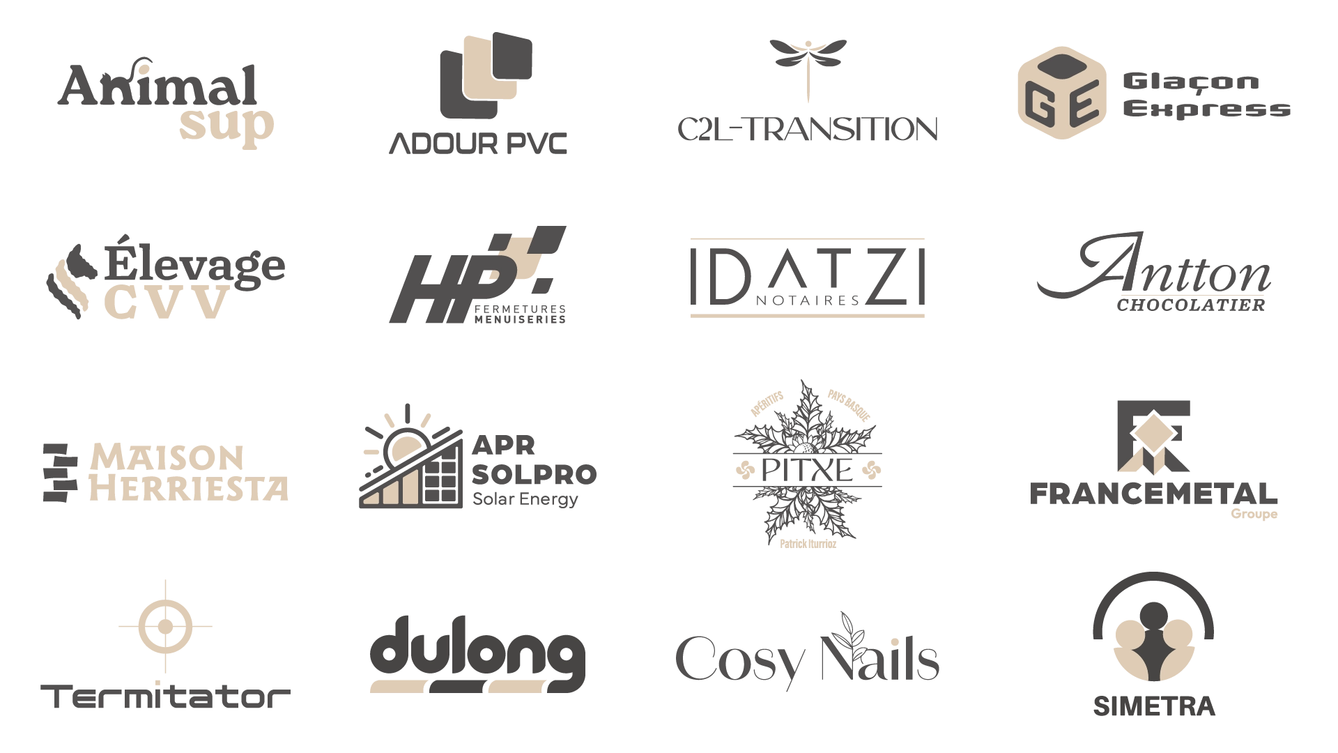 Logothèque Owlblack : logos créés pour Animalsup, Adour PVC, C2L-Transition, Glaçon Express, Élevage CVV, HP Fermetures, Idatzi Notaires, Antton Chocolatier, Maison Herriesta, APR Solpro, Pitxe, Francemetal, Termitator, Dulong, Cosy Nails et Simetra