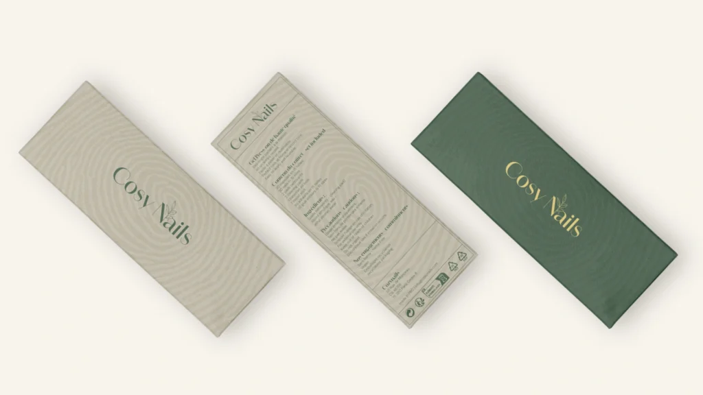 Packaging Cosy Nails, recto, verso et version verte
